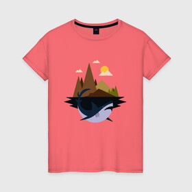 Женская футболка хлопок с принтом Abstract Geometry Shark Island в Белгороде, 100% хлопок | прямой крой, круглый вырез горловины, длина до линии бедер, слегка спущенное плечо | art | fish | geometric print | minimal | minimalism | minimalist | mountains | абстрактный принт | абстрактный рисунок | абстракция | акула | акулий остров | акулы | арт | геометрический принт | геометрический рисунок | горы
