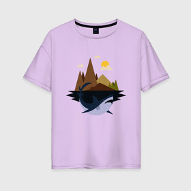 Женская футболка хлопок Oversize с принтом Abstract Geometry Shark Island в Белгороде, 100% хлопок | свободный крой, круглый ворот, спущенный рукав, длина до линии бедер
 | art | fish | geometric print | minimal | minimalism | minimalist | mountains | абстрактный принт | абстрактный рисунок | абстракция | акула | акулий остров | акулы | арт | геометрический принт | геометрический рисунок | горы