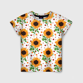 Детская футболка 3D с принтом Оранжевые летние подсолнухи в Белгороде, 100% гипоаллергенный полиэфир | прямой крой, круглый вырез горловины, длина до линии бедер, чуть спущенное плечо, ткань немного тянется | flower | flowers | pattern | summer | sunflower | sunflower pattern | sunflowers | wildflowers | астра | астровые | веснушки | лето | паттерн | подсолнечник однолетний | подсолнух | полевые цветы | рисунок подсолнухов | узор
