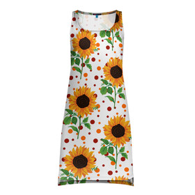 Платье-майка 3D с принтом Оранжевые летние подсолнухи в Белгороде, 100% полиэстер | полуприлегающий силуэт, широкие бретели, круглый вырез горловины, удлиненный подол сзади. | flower | flowers | pattern | summer | sunflower | sunflower pattern | sunflowers | wildflowers | астра | астровые | веснушки | лето | паттерн | подсолнечник однолетний | подсолнух | полевые цветы | рисунок подсолнухов | узор