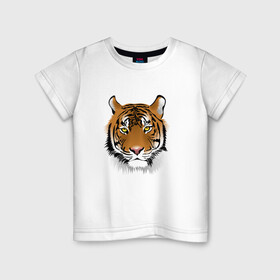 Детская футболка хлопок с принтом Тигр в Белгороде, 100% хлопок | круглый вырез горловины, полуприлегающий силуэт, длина до линии бедер | animal | cheetah | forest animal | hunter | tiger | wild animal | гепард | дикое животное | животное | лесное животное | охотник | тигр
