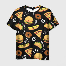 Мужская футболка 3D с принтом Фастфуд в Белгороде, 100% полиэфир | прямой крой, круглый вырез горловины, длина до линии бедер | burger | cheese | donut | food | hot dog | pizza | sandwich | бургер | еда | пицца | пончик | сыр | сэндвич | фастфуд | хот дог