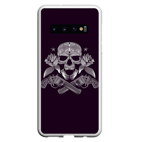 Чехол для Samsung Galaxy S10 с принтом Череп, розы, два ствола в Белгороде, Силикон | Область печати: задняя сторона чехла, без боковых панелей | Тематика изображения на принте: два ствола | пистолет | револьвер | розы | цветок | череп