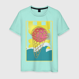 Мужская футболка хлопок с принтом Вкус лета в Белгороде, 100% хлопок | прямой крой, круглый вырез горловины, длина до линии бедер, слегка спущенное плечо. | summer | вафельный рожок | волна | десерт | лето | мороженое