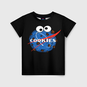 Детская футболка 3D с принтом Cookies в Белгороде, 100% гипоаллергенный полиэфир | прямой крой, круглый вырез горловины, длина до линии бедер, чуть спущенное плечо, ткань немного тянется | cookies | nasa | астронавт | астрономия | глазки | земля | космос | наса | печенье | печеньки | планета | смайл | спутник