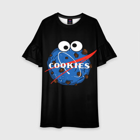 Детское платье 3D с принтом Cookies в Белгороде, 100% полиэстер | прямой силуэт, чуть расширенный к низу. Круглая горловина, на рукавах — воланы | Тематика изображения на принте: cookies | nasa | астронавт | астрономия | глазки | земля | космос | наса | печенье | печеньки | планета | смайл | спутник