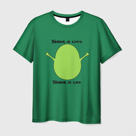 Мужская футболка 3D с принтом Shrek is love, Shrek is life в Белгороде, 100% полиэфир | прямой крой, круглый вырез горловины, длина до линии бедер | donkey | fiona | gonna | is | life | love | me | once | roll | shrek | somebody | the | told | world | артур | в | гарольд | дракон | жизнь | кот | лорд | любовь | мем | мерлин | огр | осел | пиноккио | пряник | сапогах | фаркуад | фиона | чарм