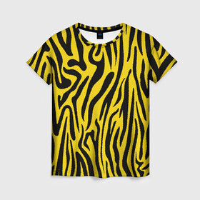 Женская футболка 3D с принтом Тигровые полоски в Белгороде, 100% полиэфир ( синтетическое хлопкоподобное полотно) | прямой крой, круглый вырез горловины, длина до линии бедер | Тематика изображения на принте: абстракция | зоопринт | орнамент | полоски | полосы | пчелиный | тигровый