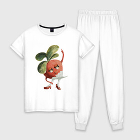 Женская пижама хлопок с принтом Редиска в Белгороде, 100% хлопок | брюки и футболка прямого кроя, без карманов, на брюках мягкая резинка на поясе и по низу штанин | Тематика изображения на принте: арт | иллюстрация | красный | овощи | принт | растения | танец