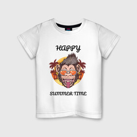 Детская футболка хлопок с принтом Счастливая обезьяна в Белгороде, 100% хлопок | круглый вырез горловины, полуприлегающий силуэт, длина до линии бедер | лето | надпись | обезьяна | отпуск | очки | пальмы | счастье