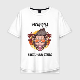 Мужская футболка хлопок Oversize с принтом Счастливая обезьяна в Белгороде, 100% хлопок | свободный крой, круглый ворот, “спинка” длиннее передней части | лето | надпись | обезьяна | отпуск | очки | пальмы | счастье