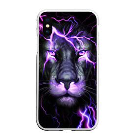 Чехол для iPhone XS Max матовый с принтом НЕОНОВЫЙ ЛЕВ  NEON LION в Белгороде, Силикон | Область печати: задняя сторона чехла, без боковых панелей | lion | neon | голова | гроза | дикая кошка | животные | кот | кошка | лев | молния | неон | тигр | хищник