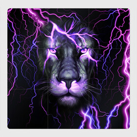 Магнитный плакат 3Х3 с принтом НЕОНОВЫЙ ЛЕВ  NEON LION в Белгороде, Полимерный материал с магнитным слоем | 9 деталей размером 9*9 см | lion | neon | голова | гроза | дикая кошка | животные | кот | кошка | лев | молния | неон | тигр | хищник
