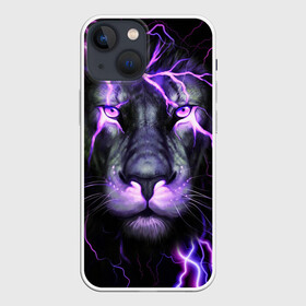 Чехол для iPhone 13 mini с принтом НЕОНОВЫЙ ЛЕВ  NEON LION в Белгороде,  |  | lion | neon | голова | гроза | дикая кошка | животные | кот | кошка | лев | молния | неон | тигр | хищник