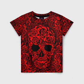 Детская футболка 3D с принтом ЦВЕТОЧНЫЙ ЧЕРЕП в Белгороде, 100% гипоаллергенный полиэфир | прямой крой, круглый вырез горловины, длина до линии бедер, чуть спущенное плечо, ткань немного тянется | Тематика изображения на принте: death | flowers | horror | metal | red | rose | roses | skull | арт | зомби | кости | красный | розы | скелет | цветы | череп | черный