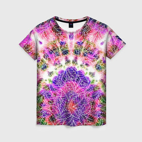 Женская футболка 3D с принтом Тай-дай в Белгороде, 100% полиэфир ( синтетическое хлопкоподобное полотно) | прямой крой, круглый вырез горловины, длина до линии бедер | батик | листья | палитра | роспись | тай дай | текстура | узоры | хиппи