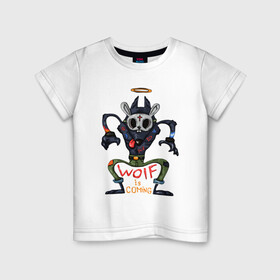 Детская футболка хлопок с принтом Волк в маске зайца в Белгороде, 100% хлопок | круглый вырез горловины, полуприлегающий силуэт, длина до линии бедер | волк | заяц | иметатор | маска | сердце | хищник