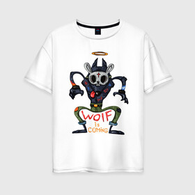 Женская футболка хлопок Oversize с принтом Волк в маске зайца в Белгороде, 100% хлопок | свободный крой, круглый ворот, спущенный рукав, длина до линии бедер
 | волк | заяц | иметатор | маска | сердце | хищник