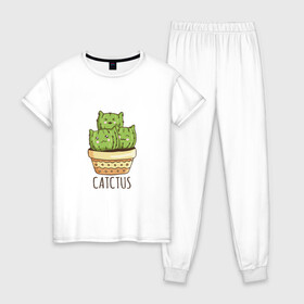 Женская пижама хлопок с принтом Котики Кактусы Catctus в Белгороде, 100% хлопок | брюки и футболка прямого кроя, без карманов, на брюках мягкая резинка на поясе и по низу штанин | Тематика изображения на принте: cactus | cat | cats | cute cactus | english words | kitten | kitty | puss | pussy | pussycat | кактус в горшке | киски | кисы | котёнок | котики | коты в виде кактусов | коты кактусы | котята | котята кактусы | котятки | кошечки | кошка | мил