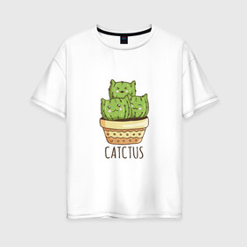 Женская футболка хлопок Oversize с принтом Котики Кактусы Catctus в Белгороде, 100% хлопок | свободный крой, круглый ворот, спущенный рукав, длина до линии бедер
 | Тематика изображения на принте: cactus | cat | cats | cute cactus | english words | kitten | kitty | puss | pussy | pussycat | кактус в горшке | киски | кисы | котёнок | котики | коты в виде кактусов | коты кактусы | котята | котята кактусы | котятки | кошечки | кошка | мил