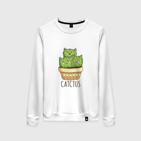 Женский свитшот хлопок с принтом Котики Кактусы Catctus в Белгороде, 100% хлопок | прямой крой, круглый вырез, на манжетах и по низу широкая трикотажная резинка  | Тематика изображения на принте: cactus | cat | cats | cute cactus | english words | kitten | kitty | puss | pussy | pussycat | кактус в горшке | киски | кисы | котёнок | котики | коты в виде кактусов | коты кактусы | котята | котята кактусы | котятки | кошечки | кошка | мил