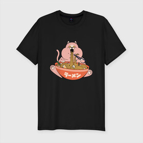 Мужская футболка хлопок Slim с принтом Толстый кот ест лапшу рамен в Белгороде, 92% хлопок, 8% лайкра | приталенный силуэт, круглый вырез ворота, длина до линии бедра, короткий рукав | anime | cat | cats | fat cat | japan | japanese | kawaii | kitten | kitty | manga | puss | pussy | pussycat | ramen | soup | аниме | киски | кисы | котёнок | котики | котята | котятки | кошечки | кошка | лапша | манга | миска | обжора | пузат