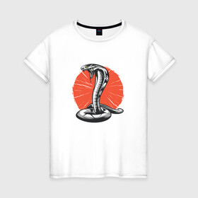 Женская футболка хлопок с принтом Японская Кобра | Japan Cobra в Белгороде, 100% хлопок | прямой крой, круглый вырез горловины, длина до линии бедер, слегка спущенное плечо | art | asp | aspid | cobra kai | japanese | poison | poisoned | red sun | snake | vemonous | venom | viper | арт | вайпер | восходящее солнце | змея | иллюстрация | кобра кай | красное солнце | рисунок кобры | солнце | яд | яд