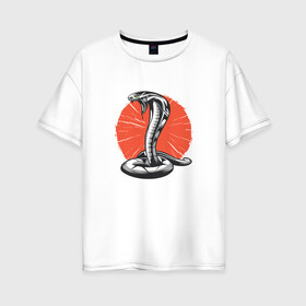 Женская футболка хлопок Oversize с принтом Японская Кобра | Japan Cobra в Белгороде, 100% хлопок | свободный крой, круглый ворот, спущенный рукав, длина до линии бедер
 | art | asp | aspid | cobra kai | japanese | poison | poisoned | red sun | snake | vemonous | venom | viper | арт | вайпер | восходящее солнце | змея | иллюстрация | кобра кай | красное солнце | рисунок кобры | солнце | яд | яд