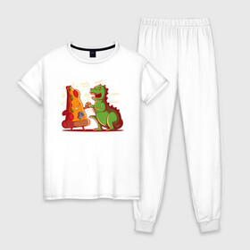 Женская пижама хлопок с принтом Пицца против Годзиллы в Белгороде, 100% хлопок | брюки и футболка прямого кроя, без карманов, на брюках мягкая резинка на поясе и по низу штанин | арт | годзилла | графика | динозавр | пицца