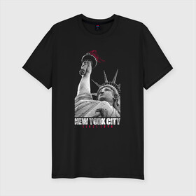 Мужская футболка хлопок Slim с принтом Statue Of Liberty в Белгороде, 92% хлопок, 8% лайкра | приталенный силуэт, круглый вырез ворота, длина до линии бедра, короткий рукав | америка | география | города | нью йорк | статуя свободы | страны | сша | туристам