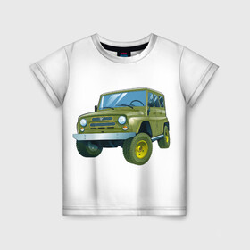 Детская футболка 3D с принтом УАЗ 469 в Белгороде, 100% гипоаллергенный полиэфир | прямой крой, круглый вырез горловины, длина до линии бедер, чуть спущенное плечо, ткань немного тянется | Тематика изображения на принте: uaz | автомобили | внедорожники | уаз