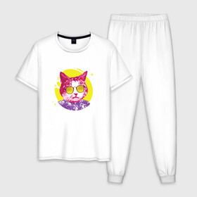 Мужская пижама хлопок с принтом Кот Тусовщик в солнечных очках в Белгороде, 100% хлопок | брюки и футболка прямого кроя, без карманов, на брюках мягкая резинка на поясе и по низу штанин
 | cat | cats | chill | cool cat | kitten | leto | party | puss | pussy | pussycat | summer | vacation | киски | кисы | кот в гавайской рубашке | котёнок | котики | котята | котятки | кошечки | кошка | лето | отдых | отпуск | пати |