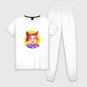 Женская пижама хлопок с принтом Кот Тусовщик в солнечных очках в Белгороде, 100% хлопок | брюки и футболка прямого кроя, без карманов, на брюках мягкая резинка на поясе и по низу штанин | cat | cats | chill | cool cat | kitten | leto | party | puss | pussy | pussycat | summer | vacation | киски | кисы | кот в гавайской рубашке | котёнок | котики | котята | котятки | кошечки | кошка | лето | отдых | отпуск | пати |