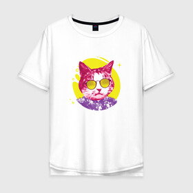 Мужская футболка хлопок Oversize с принтом Кот Тусовщик в солнечных очках в Белгороде, 100% хлопок | свободный крой, круглый ворот, “спинка” длиннее передней части | cat | cats | chill | cool cat | kitten | leto | party | puss | pussy | pussycat | summer | vacation | киски | кисы | кот в гавайской рубашке | котёнок | котики | котята | котятки | кошечки | кошка | лето | отдых | отпуск | пати |