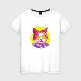 Женская футболка хлопок с принтом Кот Тусовщик в солнечных очках в Белгороде, 100% хлопок | прямой крой, круглый вырез горловины, длина до линии бедер, слегка спущенное плечо | cat | cats | chill | cool cat | kitten | leto | party | puss | pussy | pussycat | summer | vacation | киски | кисы | кот в гавайской рубашке | котёнок | котики | котята | котятки | кошечки | кошка | лето | отдых | отпуск | пати |