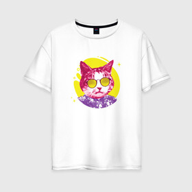 Женская футболка хлопок Oversize с принтом Кот Тусовщик в солнечных очках в Белгороде, 100% хлопок | свободный крой, круглый ворот, спущенный рукав, длина до линии бедер
 | cat | cats | chill | cool cat | kitten | leto | party | puss | pussy | pussycat | summer | vacation | киски | кисы | кот в гавайской рубашке | котёнок | котики | котята | котятки | кошечки | кошка | лето | отдых | отпуск | пати |