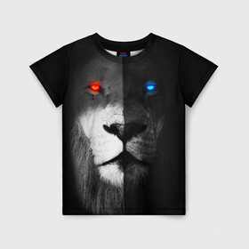 Детская футболка 3D с принтом ЛЕВ - НЕОНОВЫЕ ГЛАЗА в Белгороде, 100% гипоаллергенный полиэфир | прямой крой, круглый вырез горловины, длина до линии бедер, чуть спущенное плечо, ткань немного тянется | lion | neon | глаза | голова | дикая кошка | животные | кот | кошка | лев | неон | светящиеся глаза | тигр | хищник