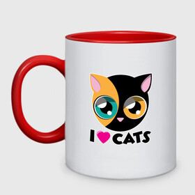 Кружка двухцветная с принтом I Love Cats в Белгороде, керамика | объем — 330 мл, диаметр — 80 мм. Цветная ручка и кайма сверху, в некоторых цветах — вся внутренняя часть | animal | cat | cute | kitty | love | meow | друг | животные | киска | китти | кот | котенок | котик | котэ | кошечка | кошка | милый | мур | мяу | питомец | тигр