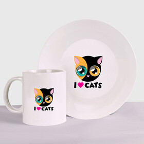 Набор: тарелка + кружка с принтом I Love Cats в Белгороде, керамика | Кружка: объем — 330 мл, диаметр — 80 мм. Принт наносится на бока кружки, можно сделать два разных изображения. 
Тарелка: диаметр - 210 мм, диаметр для нанесения принта - 120 мм. | Тематика изображения на принте: animal | cat | cute | kitty | love | meow | друг | животные | киска | китти | кот | котенок | котик | котэ | кошечка | кошка | милый | мур | мяу | питомец | тигр