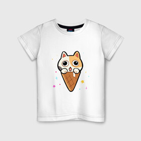 Детская футболка хлопок с принтом Ice Cream Cat в Белгороде, 100% хлопок | круглый вырез горловины, полуприлегающий силуэт, длина до линии бедер | animal | cat | cute | kitty | meow | друг | животные | киска | китти | кот | котенок | котик | котэ | кошечка | кошка | милый | мороженое | мур | мяу | питомец | тигр