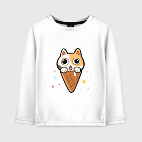 Детский лонгслив хлопок с принтом Ice Cream Cat в Белгороде, 100% хлопок | круглый вырез горловины, полуприлегающий силуэт, длина до линии бедер | animal | cat | cute | kitty | meow | друг | животные | киска | китти | кот | котенок | котик | котэ | кошечка | кошка | милый | мороженое | мур | мяу | питомец | тигр