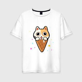 Женская футболка хлопок Oversize с принтом Ice Cream Cat в Белгороде, 100% хлопок | свободный крой, круглый ворот, спущенный рукав, длина до линии бедер
 | animal | cat | cute | kitty | meow | друг | животные | киска | китти | кот | котенок | котик | котэ | кошечка | кошка | милый | мороженое | мур | мяу | питомец | тигр
