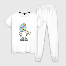 Женская пижама хлопок с принтом Сэнди в Белгороде, 100% хлопок | брюки и футболка прямого кроя, без карманов, на брюках мягкая резинка на поясе и по низу штанин | sponge bob | spongebob squarepants | губка боб | губка боб квадратные штаны | спанч боб
