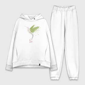 Женский костюм хлопок Oversize с принтом Колибри из листья и цветов в Белгороде,  |  | зеленый | колибри | листья | полет | птица | стилизация | цветы