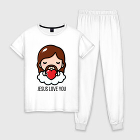 Женская пижама хлопок с принтом Иисус любит тебя в Белгороде, 100% хлопок | брюки и футболка прямого кроя, без карманов, на брюках мягкая резинка на поясе и по низу штанин | доброта | иисус | любовь | молитва | облако | пасха