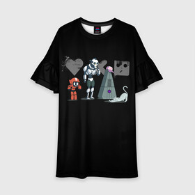 Детское платье 3D с принтом Любовь, Смерть & Роботы в Белгороде, 100% полиэстер | прямой силуэт, чуть расширенный к низу. Круглая горловина, на рукавах — воланы | Тематика изображения на принте: cat | cats | death | logo | love | netflix | robots | анимация | кино | кот | кошка | лого | любовь | нетфликс | роботы | сериал