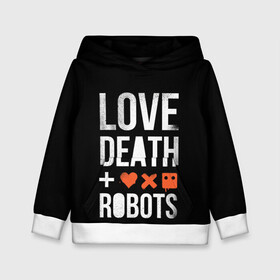 Детская толстовка 3D с принтом Love Death + Robots в Белгороде, 100% полиэстер | двухслойный капюшон со шнурком для регулировки, мягкие манжеты на рукавах и по низу толстовки, спереди карман-кенгуру с мягким внутренним слоем | Тематика изображения на принте: death | ldr | logo | love | netflix | robots | smile | анимация | кино | лого | лср | любовь | нетфликс | роботы | сериал | смайл | смайлик