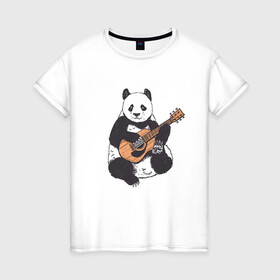 Женская футболка хлопок с принтом Панда гитарист | Panda Guitar в Белгороде, 100% хлопок | прямой крой, круглый вырез горловины, длина до линии бедер, слегка спущенное плечо | acoustic | bear | bears | china | chineese panda | guitarist | music | акустическая гитара | гитара | китай | китайская панда | косолапый | медведь | медвежонок | милая панда | мишка | музыка | музыкант | пандочка | пандочки