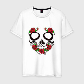 Мужская футболка хлопок с принтом Череп и розы в Белгороде, 100% хлопок | прямой крой, круглый вырез горловины, длина до линии бедер, слегка спущенное плечо. | skull | глазницы | розы | цветы | череп