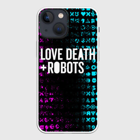 Чехол для iPhone 13 mini с принтом ЛЮБОВЬ СМЕРТЬ И РОБОТЫ в Белгороде,  |  | death | hear | ldr | logo | love | netflix | robots | smile | анимация | кино | лого | лср | любовь | нетфликс | роботы | сердце | сериал | смайл | смайлик